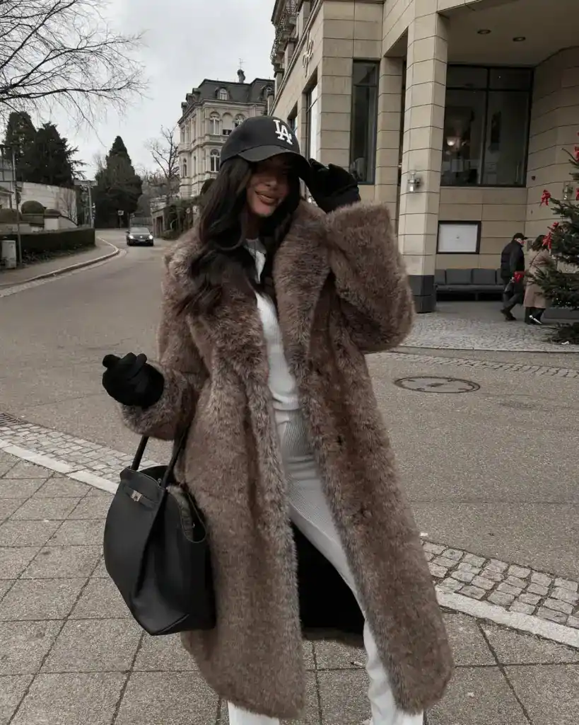 baseball cap and brown long teddy coat outfit