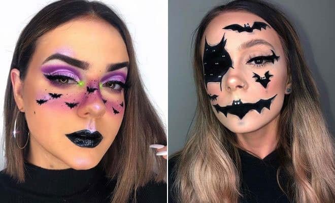 Halloween bat makeup ideas with bold purple, black lipstick, and creative bat designs for festive looks.