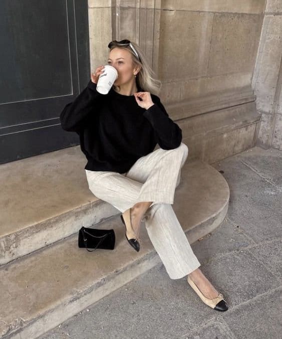 Beige Linen Pants, Black Sweater