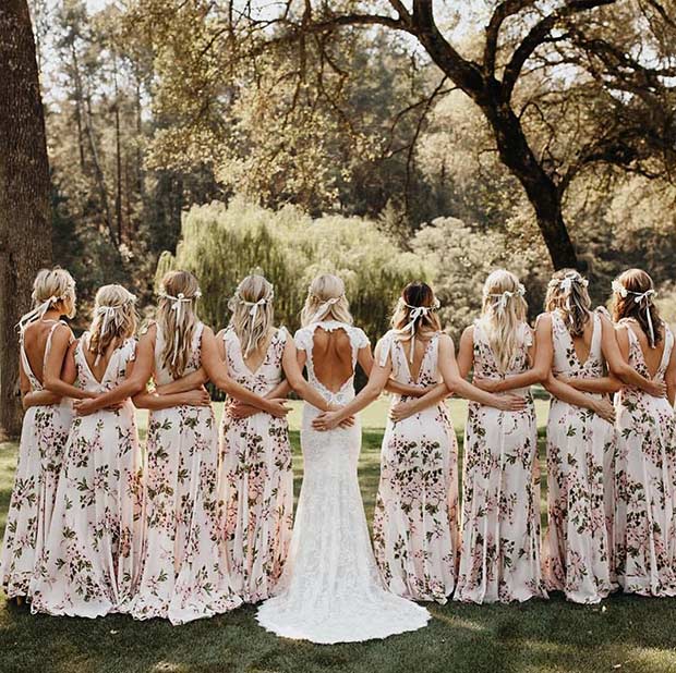 Long Floral Bridesmaid Dresses for a Spring Wedding