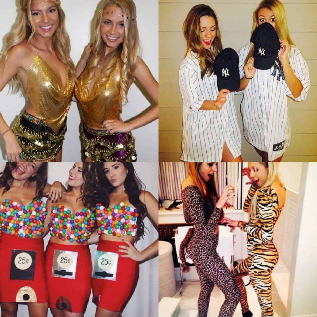Trendy best friend Halloween costume ideas for women, including gold, sports, candy, and animal print looks.