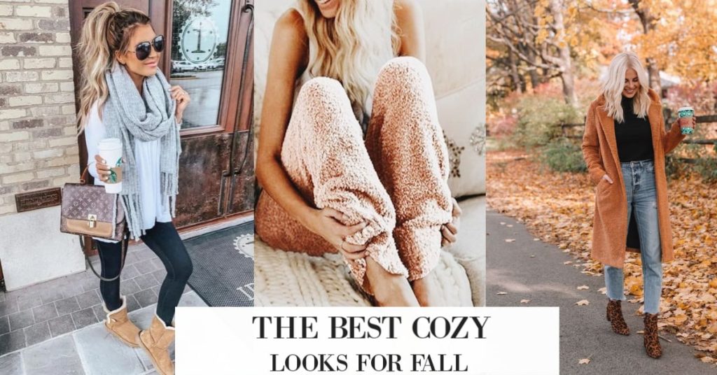 Trendy cozy fall outfits for women featuring scarves, leggings, pajama pants, and stylish autumn layers.