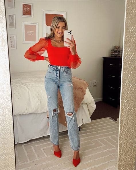 best outfits valentine date night jeans red top and red heels