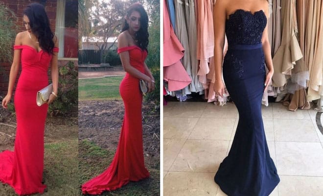 Elegant red and navy prom dresses for formal events, featuring modern and classic styles for 2024.