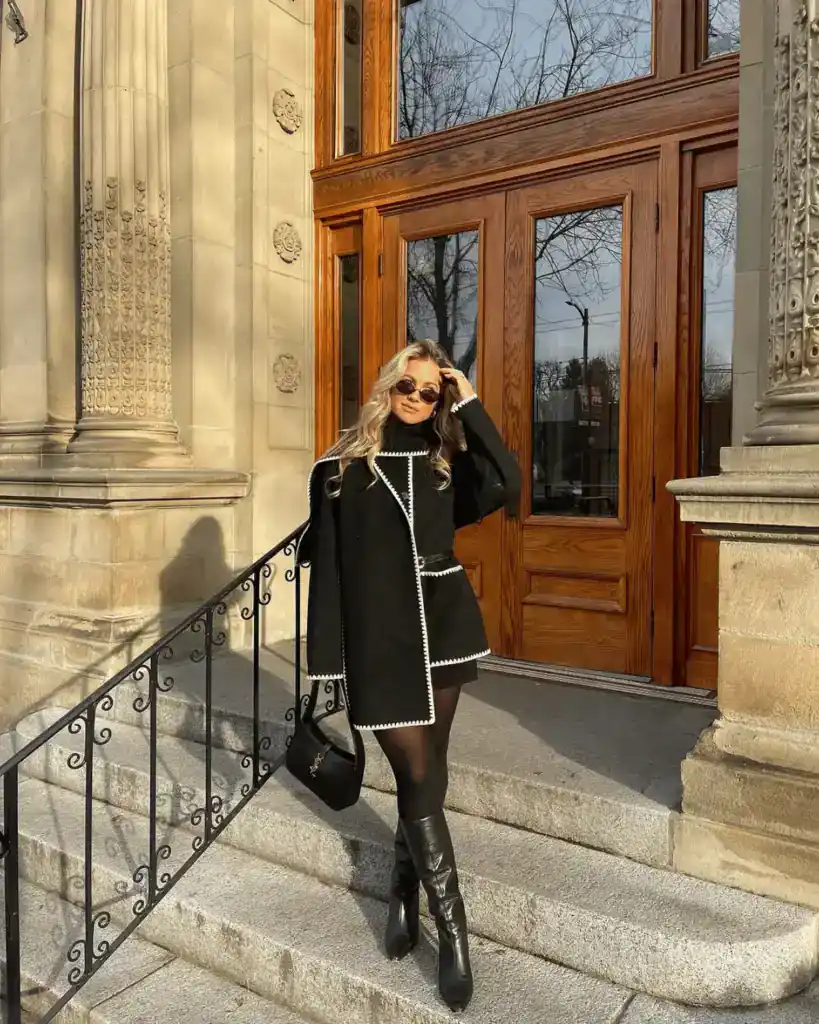 black coat with white stitching outfit