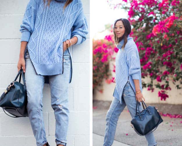 Blue Turtleneck Boyfriend Jeans Outfit