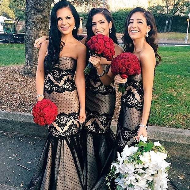 Black Lace Mermaid Dresses for Bridesmaids