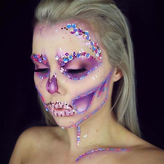 Vibrant Sequin Skull Makeup for Cute Halloween Makeup Ideas