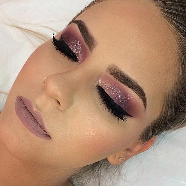 Burgundy Glitter Eye Makeup Look