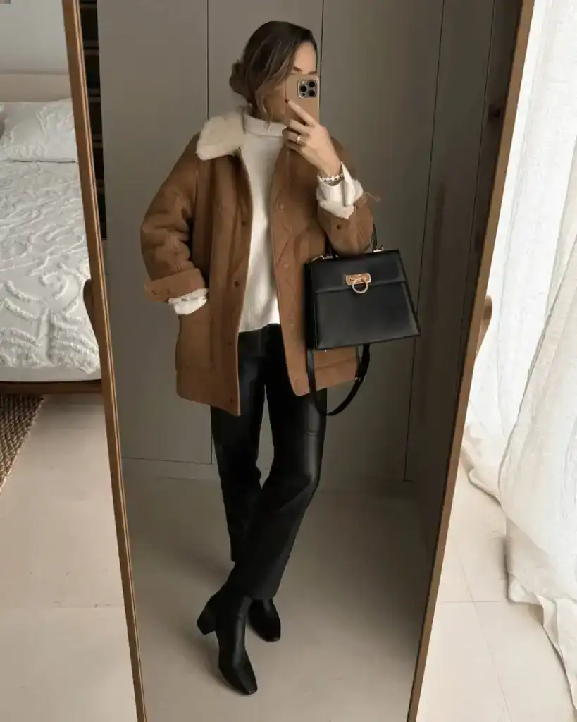 Brown padded jacket and leather trousers outfit