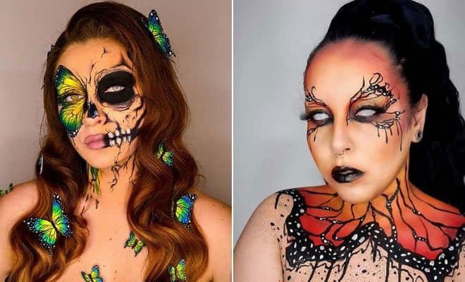 Creative butterfly skull makeup looks for Halloween with vibrant colors and artistic face painting.