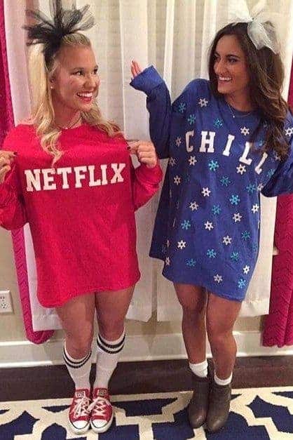 Women wearing Netflix and Chill partner costumes, trendy matching outfits, group Halloween costume ideas.