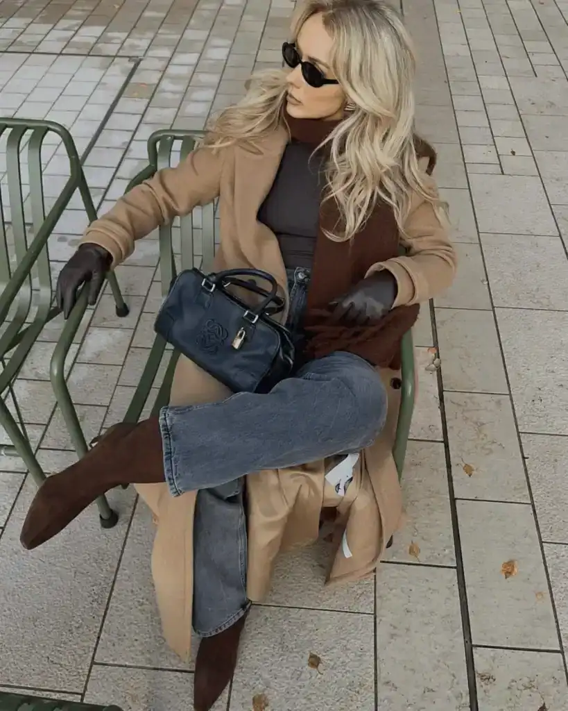 camel parka coat with jeans and burgundy scarf and boots outfit