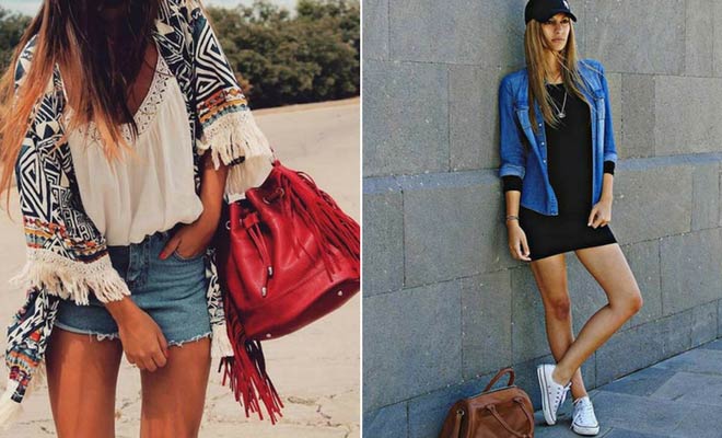Spring and summer casual outfit ideas with boho kimono, denim shorts, black dress, and sneakers.