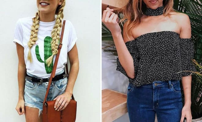 Trendy spring casual outfit ideas for women featuring denim shorts and floral tops.