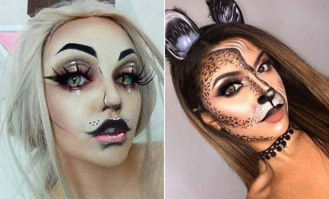 Creative cat and doll Halloween makeup ideas featuring dramatic face paint and bold artistic designs.