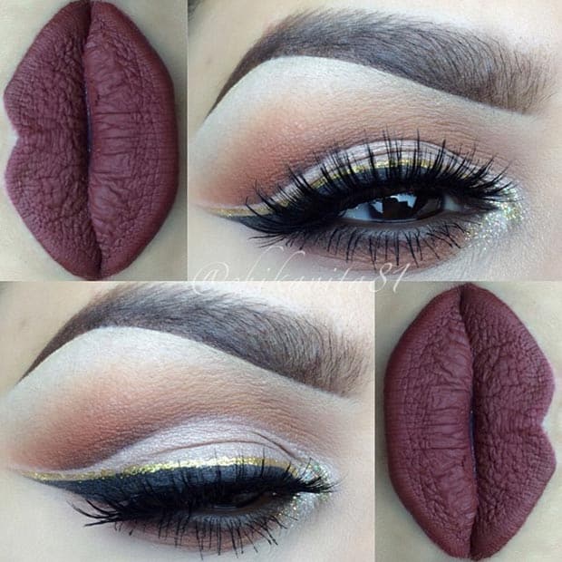 Dark Matte Lips with Gold Glitter Eyeliner