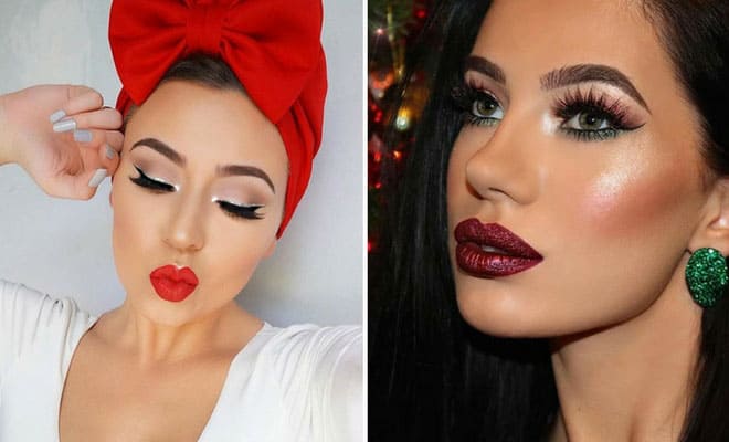 Festive Christmas makeup looks with bold red and burgundy lips, creative eye shadow, and holiday accessories.
