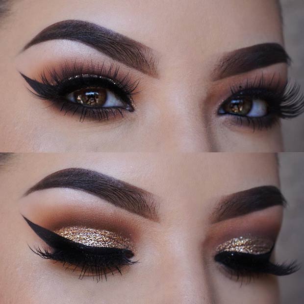 Gold Glitter Smokey Eye Makeup Look for Brown Eyes