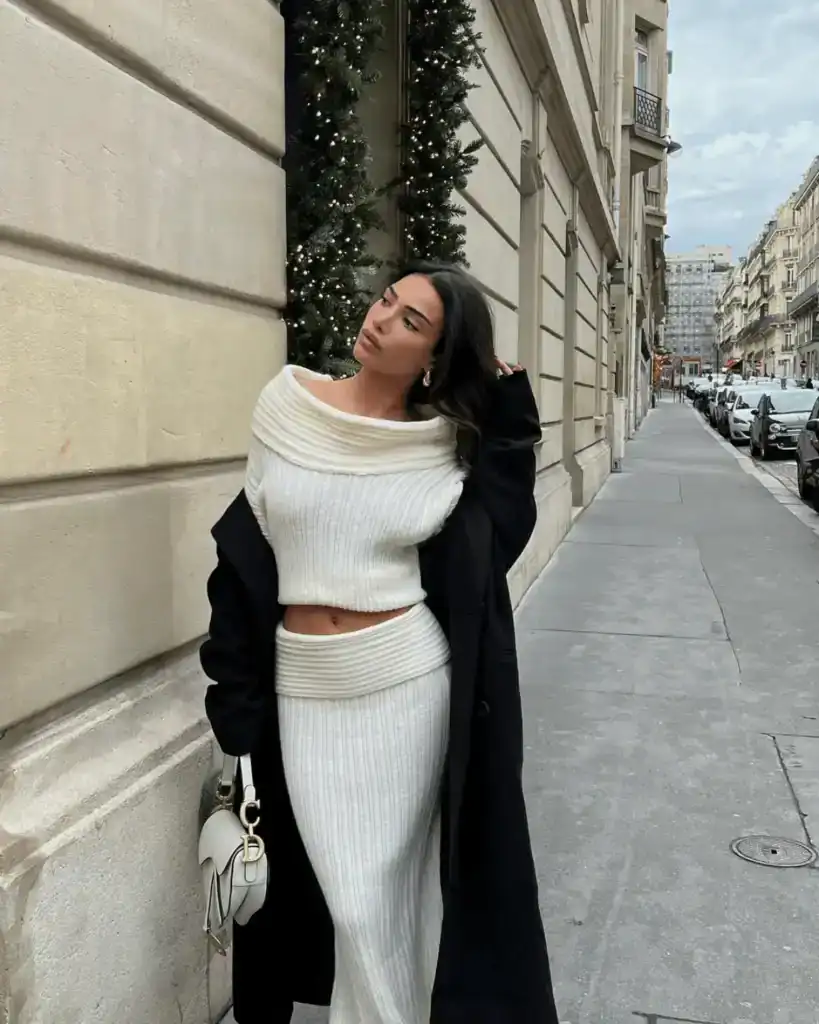 cream knitted jumper and maxi skirt coord outfit