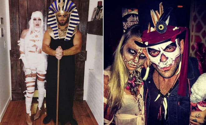 Creative couples Halloween costumes: Egyptian pharaoh and ghost, Day of the Dead skeleton face paint.