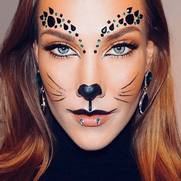 Halloween Cat Makeup with Rhinestones