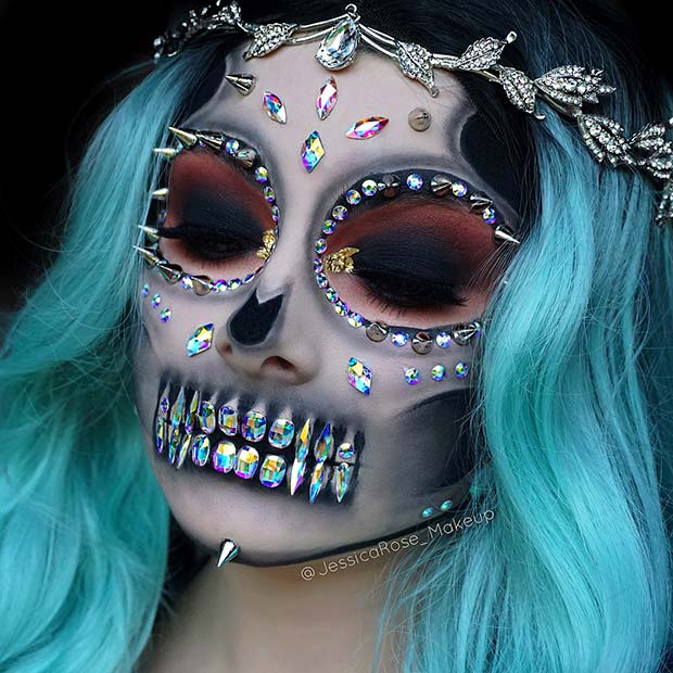 Skeleton Makeup with Rhinestones