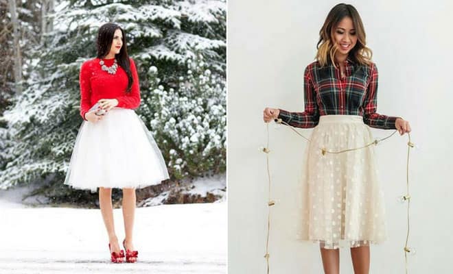 Festive Christmas outfit ideas for women featuring red, white, plaid, tulle skirts, winter, and holiday fashion.