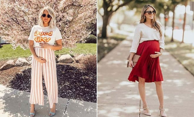 Trendy maternity fashion: stylish pregnancy outfits for spring with casual and elegant looks.