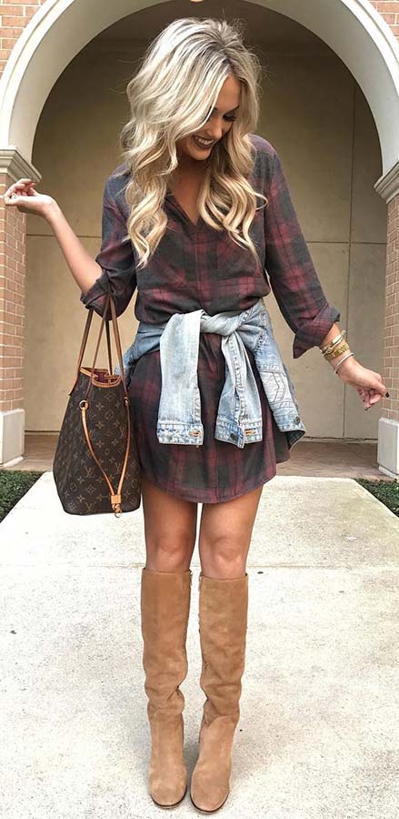 Plaid Shirt Dress and Boots for Fall