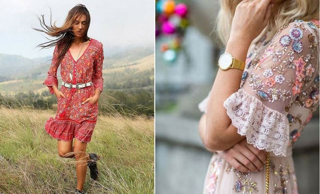 Boho and elegant summer outfits for women, featuring floral dresses and stylish accessories outdoors and indoors.