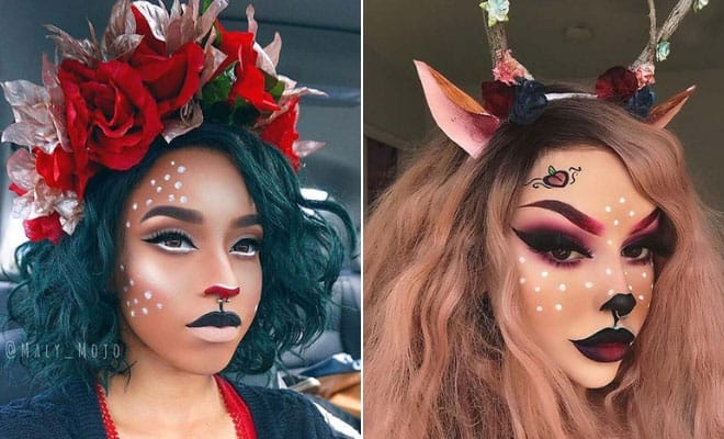 Creative deer makeup ideas for Halloween with floral headpieces, antlers, and artistic face paint.