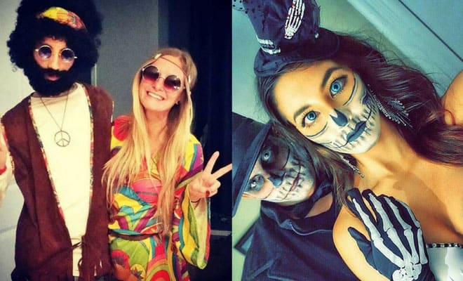 Creative DIY couples costume ideas for Halloween, featuring retro hippie and spooky skeleton looks.
