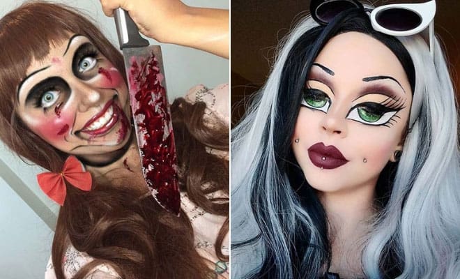Creepy doll makeup and glamorous gothic makeup ideas for Halloween or costume inspiration.