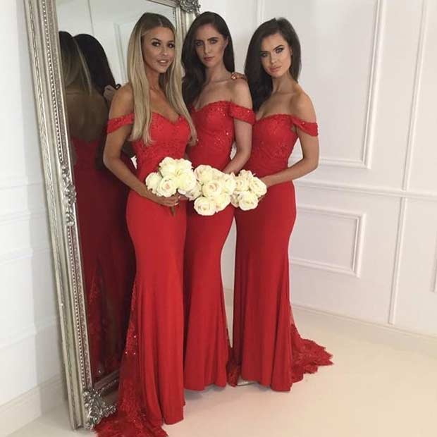Long Off Shoulder Red Bridesmaid Dresses
