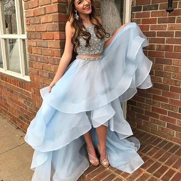 Sparkly Two Piece Baby Blue Prom Dress
