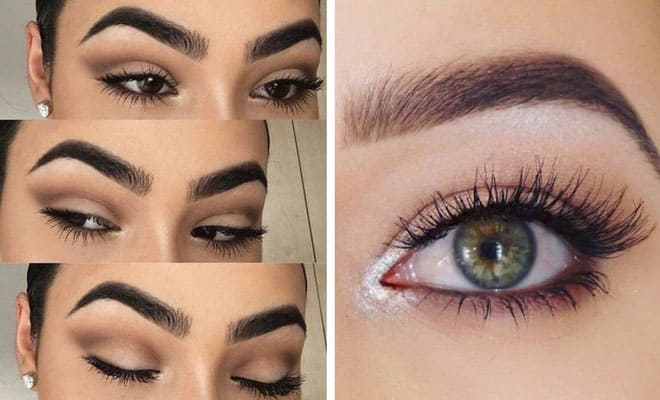 Step-by-step natural eye makeup tutorial with nude eyeshadow, long lashes, and defined brows.