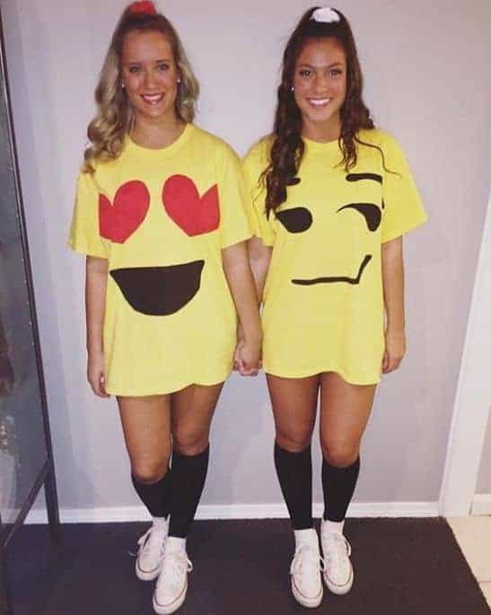 Best friend emoji costumes Halloween idea with yellow t-shirts, knee socks, and fun accessories.
