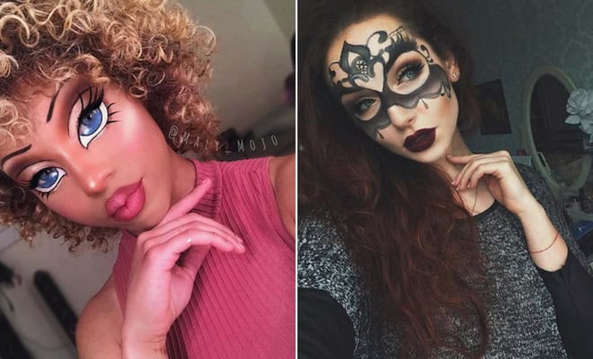 Creative Halloween makeup looks for women featuring bold face paint, doll eyes, and dramatic mask designs.