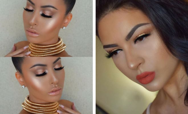 Glamorous summer makeup ideas with glowing skin, gold chokers, and bold lips for parties.