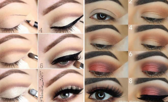 Step-by-step eye makeup tutorial showing glamorous and smoky looks with blending and bold lashes.