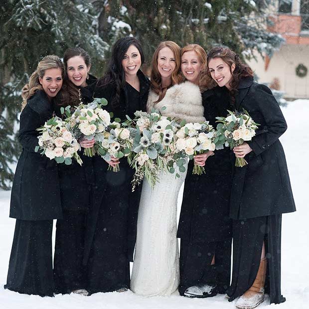 Black Bridesmaid Styles with Boots for a Winter Wedding