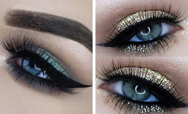 Bold turquoise eyeliner and gold glitter eyeshadow makeup looks for blue and green eyes.