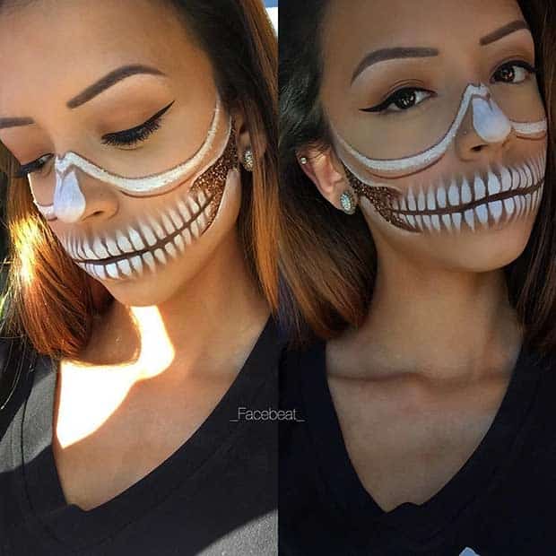 White and Gold Glitter Half Face Skeleton Makeup