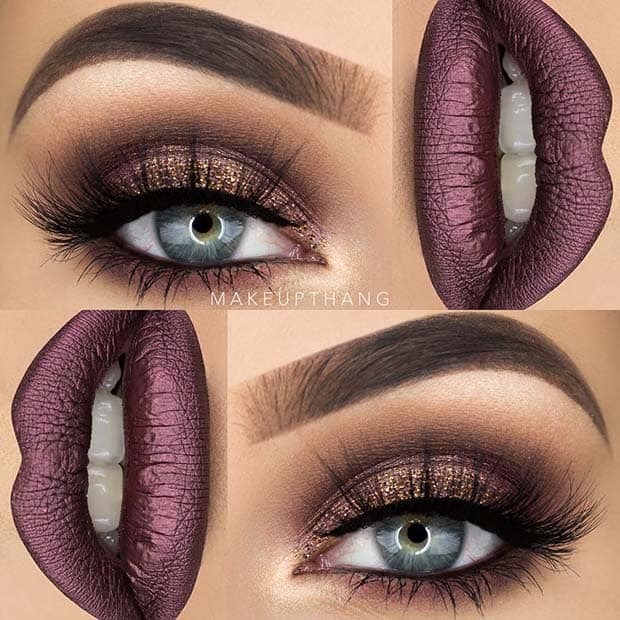 Brown Smokey Eye and Purple Metallic Lips