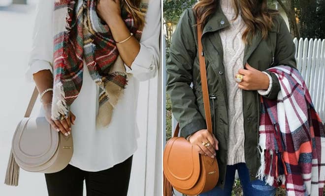 Trendy fall outfit ideas for women with scarves, jackets, crossbody bags, and cozy layers.
