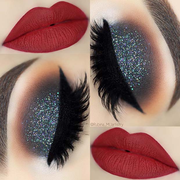 Festive, Glitter Eyes and Red Lips Eye Makeup Look