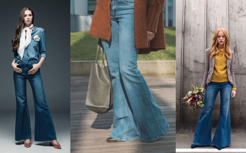 Women wearing flared jeans styled with denim shirts, sweaters, and blazers for trendy retro outfits.