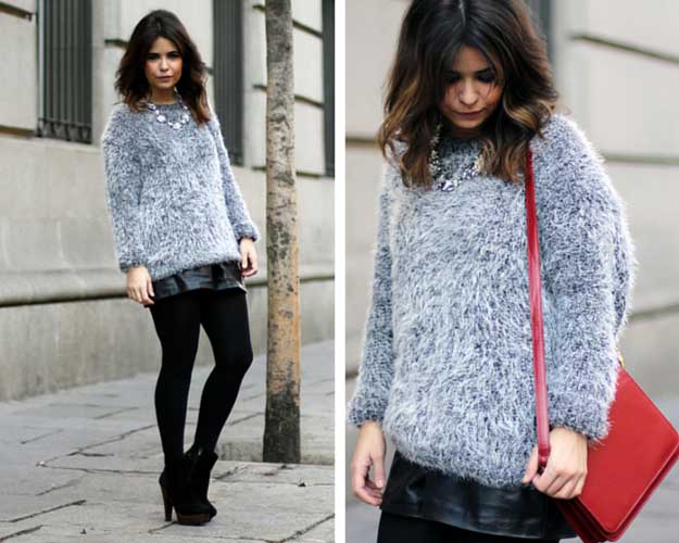 Fluffy Sweater Leather Shorts Outfit