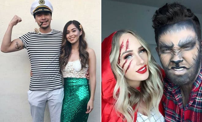 Creative couples Halloween costumes: sailor and mermaid, Little Red Riding Hood and werewolf.